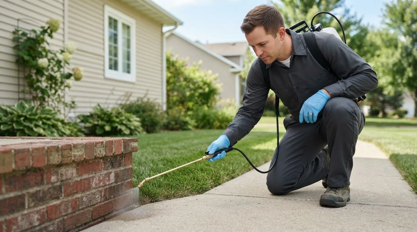 Pest control technician treating a home near Keeling, VA
